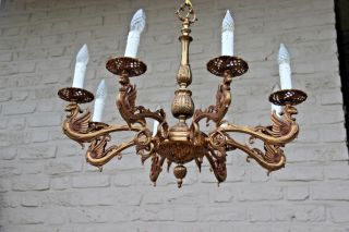 Antique Bronze Dragon Gothic 8 Arms Chandelier Pendant Lamp 1950 French
