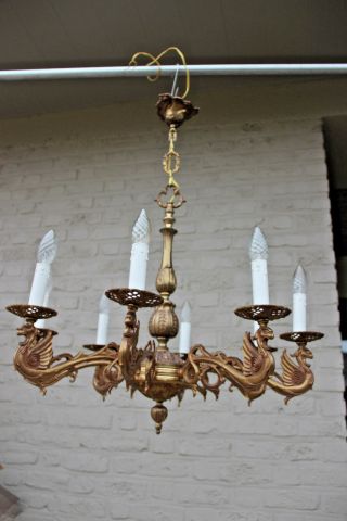 Antique Bronze Dragon gothic 8 arms Chandelier pendant lamp 1950 French 2