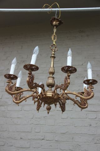 Antique Bronze Dragon gothic 8 arms Chandelier pendant lamp 1950 French 3