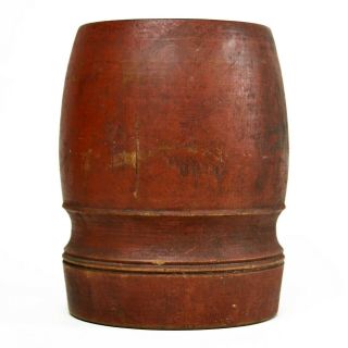 Antique Primitive Treenware Turned Wood Mortar In Red Paint