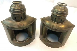 Antique Pair 10.  5 " Triplex Marine Nautical Brass Lantern Oil Lamp Housings Only