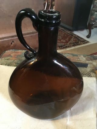 18th Early 19th Century Blown Glass Rare Brown Color Flat Flask Applied Handle 10