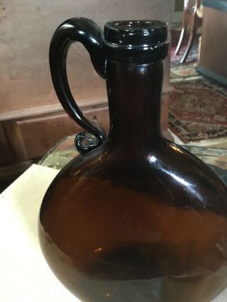 18th Early 19th Century Blown Glass Rare Brown Color Flat Flask Applied Handle 11