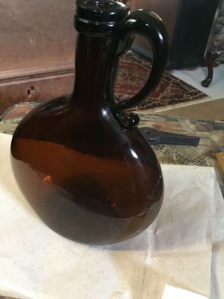18th Early 19th Century Blown Glass Rare Brown Color Flat Flask Applied Handle 12