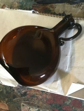 18th Early 19th Century Blown Glass Rare Brown Color Flat Flask Applied Handle 2
