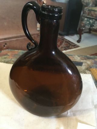 18th Early 19th Century Blown Glass Rare Brown Color Flat Flask Applied Handle 6