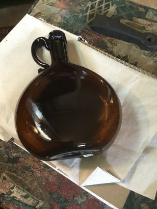 18th Early 19th Century Blown Glass Rare Brown Color Flat Flask Applied Handle 9