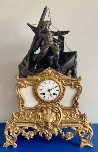 Antique Early 1800’s French Empire Figural Ship Scene Gilt Bronze Mantle Clock