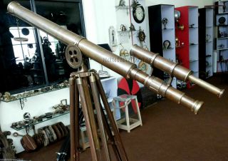Vintage Brass Double Barrel Griffith Astro Telescope With Tripod Stand