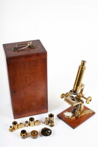 Vintage C1880 " John Browning " (?) Brass Microscope With Case And Accessories