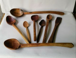 8 Primitive Hand Carved Wooden Ladles / Spoons / Paddle