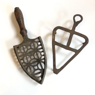 Two Antique Hand - Forged Wrought Iron Sad Iron Trivets - Primitive And Early
