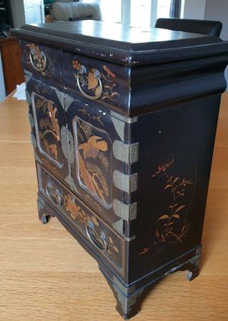 Antique Chinese Desk Top Black Lacquer Cabinet with Gilded Panels,  Hand Painted. 10