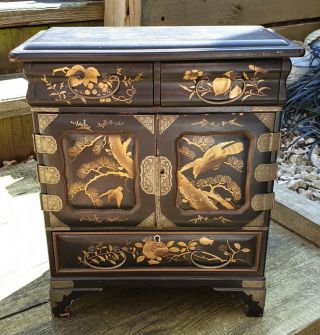 Antique Chinese Desk Top Black Lacquer Cabinet With Gilded Panels,  Hand Painted.