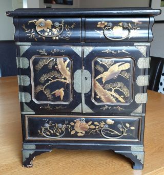 Antique Chinese Desk Top Black Lacquer Cabinet with Gilded Panels,  Hand Painted. 2