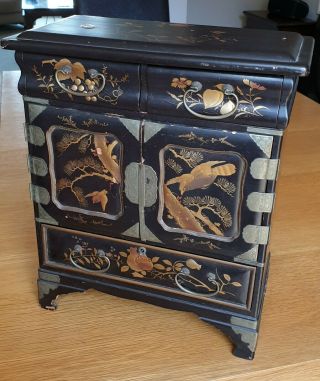 Antique Chinese Desk Top Black Lacquer Cabinet with Gilded Panels,  Hand Painted. 3