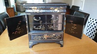 Antique Chinese Desk Top Black Lacquer Cabinet with Gilded Panels,  Hand Painted. 4