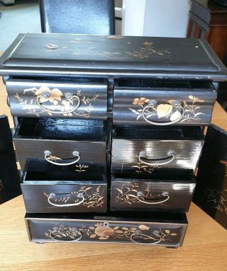 Antique Chinese Desk Top Black Lacquer Cabinet with Gilded Panels,  Hand Painted. 5