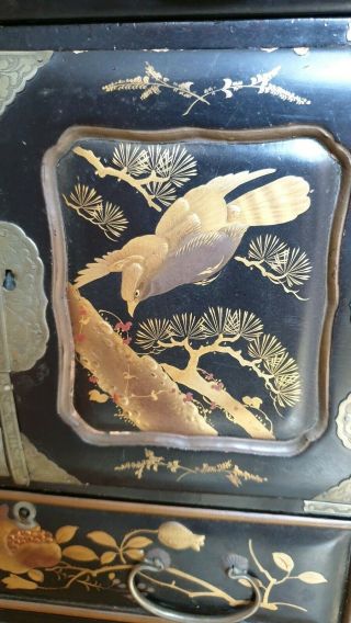 Antique Chinese Desk Top Black Lacquer Cabinet with Gilded Panels,  Hand Painted. 6