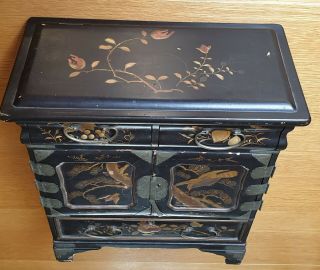 Antique Chinese Desk Top Black Lacquer Cabinet with Gilded Panels,  Hand Painted. 8