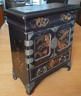 Antique Chinese Desk Top Black Lacquer Cabinet with Gilded Panels,  Hand Painted. 9