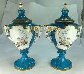 Antique French Limoges Hand Painted Cherub/angel Putti Porcelain Urns