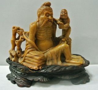 Antique Chinese Hand Carved Soapstone Figurine On Wood Stand