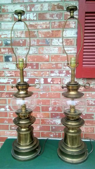 Pair Stiffel Lamps Cast Brass Orig Shades Glass Ball Key Accent 36 " Hollywood