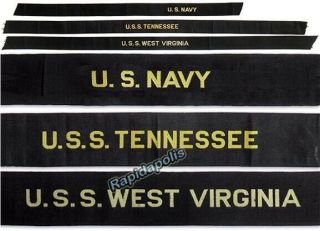3 Vintage Usn Cap Tallies Uss West Virginia,  Uss Tennessee,  U.  S.  Navy