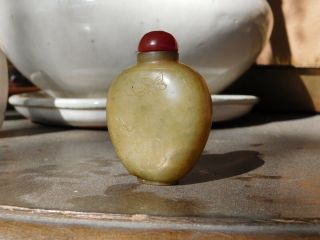 Antique Chinese Jade Snuff Bottle Carved With Cat,  Butterfly’s And Flowers 3