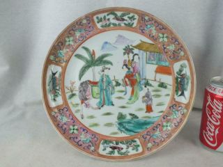 Late 19th C Chinese Porcelain Famille Rose Pink Border Figures Horse Plate