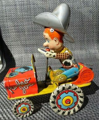 1930’s Unique Art Rodeo Joe Crazy Car Tin Wind - Up Toy - & Great