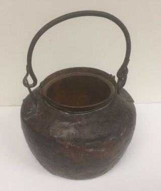Rare 18th C.  Copper Glue Pot & Insert Dovetailed Globular Form 10 " - Top Of Handle