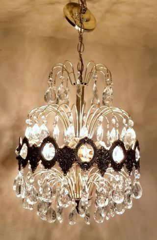 Vintage Brass And Crystal Basket Fountain Chandelier