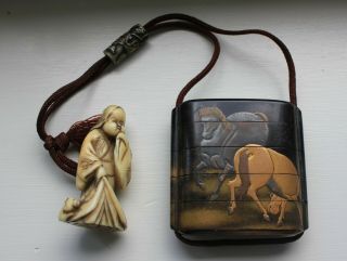 Early 19th Century Japanese Lacquer Inro,  Netsuke And Ojime Set - Horses