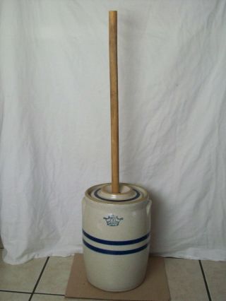 Robinson Ransbottom Blue Crown 3 Stoneware Butter Churn Crock With Lid & Dasher