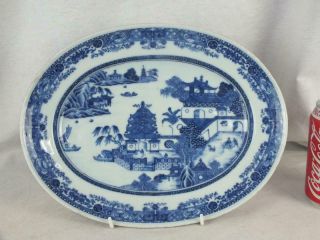 18th C Chinese Porcelain Blue And White Figures Dog Landscape Oval Platter