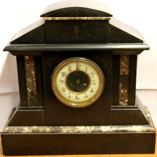 Antique Victorian 1840s Shoolbred French Black Slate Marble Mantle Mantel Clock