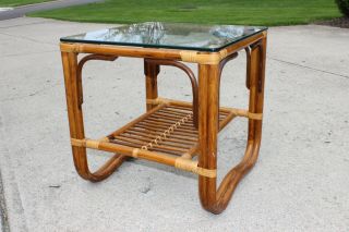 Vintage Mcm Bentwood Rattan Sculptural Side End Table Glass Danish Albini