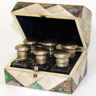 Antique Victorian Mother Of Pearl & Abalone Perfume Casket,  Six Scent Bottles