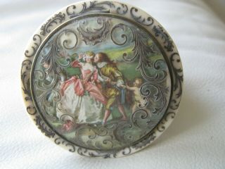 Antique French Lovers Couple Scene Blue Celluloid Puff Sifter Compact France