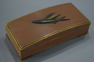 Japanese Antique Cloisonne Enamel Box With Flying Fish Wood