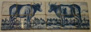 Pair Old Dutch Delft Landscape Tilepictures Cows,  Houses,  Windmill.