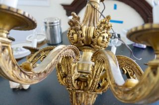 Gilt bronze antique chandelier.  Faces.  Gorgeous canopy. 4