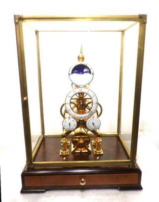 Franz Denk 24 K Gold Plated Vienna Chain Fusee & Porcelain Dial Skeleton Clock