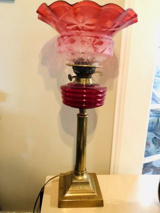 Antique 19th C Large Cranberry Glass & Brass Banquet Electrified Oil Lamp 24”