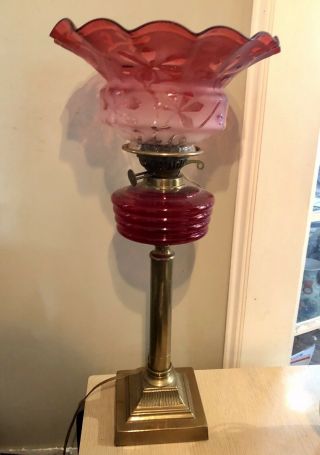 ANTIQUE 19TH C LARGE CRANBERRY GLASS & BRASS BANQUET ELECTRIFIED OIL LAMP 24” 2