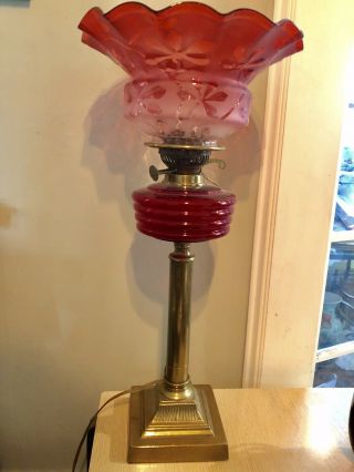 ANTIQUE 19TH C LARGE CRANBERRY GLASS & BRASS BANQUET ELECTRIFIED OIL LAMP 24” 3