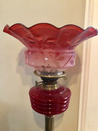 ANTIQUE 19TH C LARGE CRANBERRY GLASS & BRASS BANQUET ELECTRIFIED OIL LAMP 24” 5