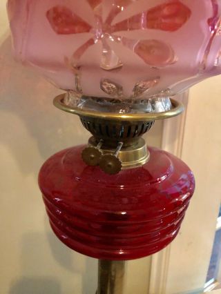 ANTIQUE 19TH C LARGE CRANBERRY GLASS & BRASS BANQUET ELECTRIFIED OIL LAMP 24” 7